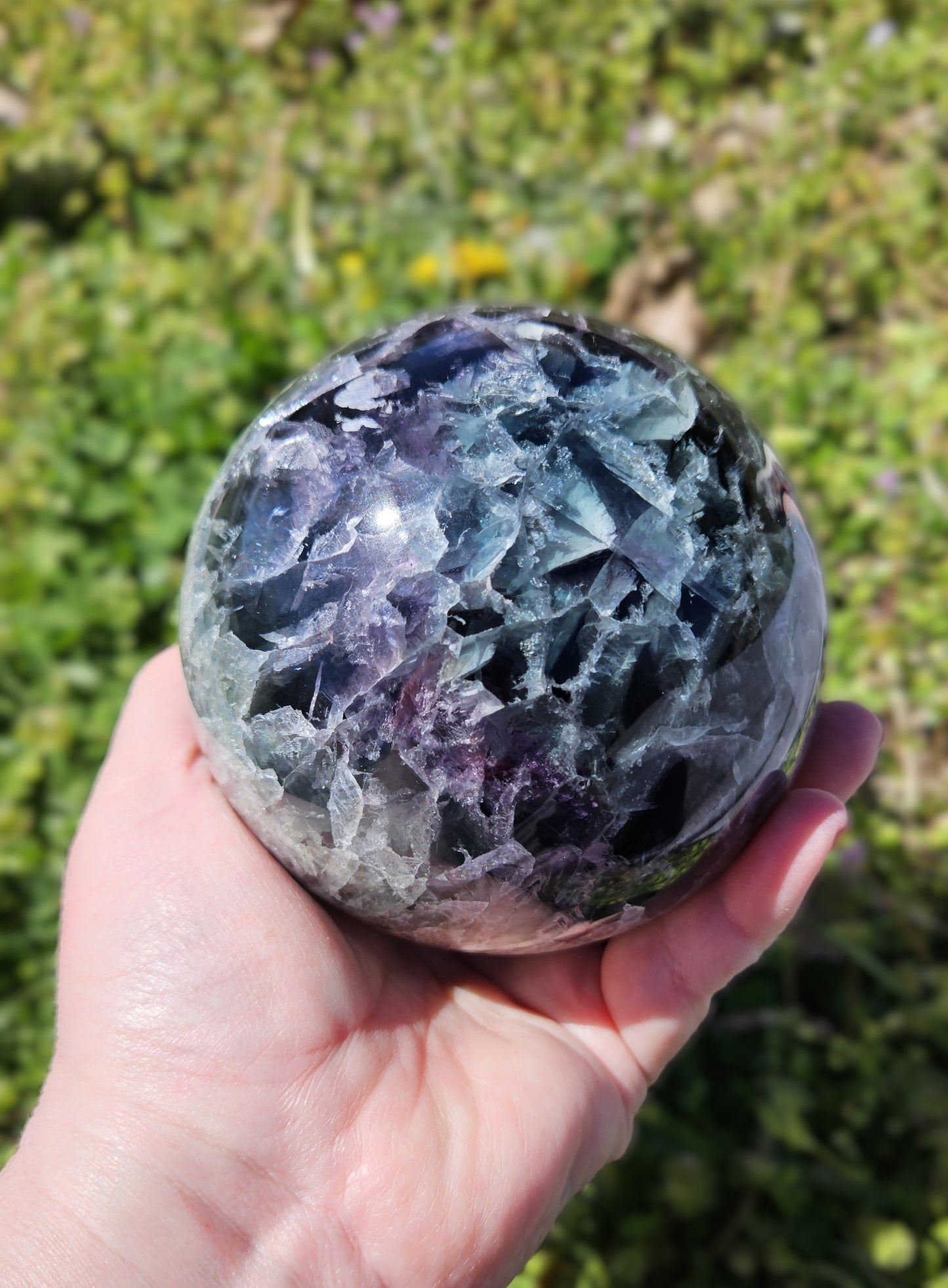 Teal & Purple Feather Flourite Sphere 101mm With Rainbows and free sphere stand
