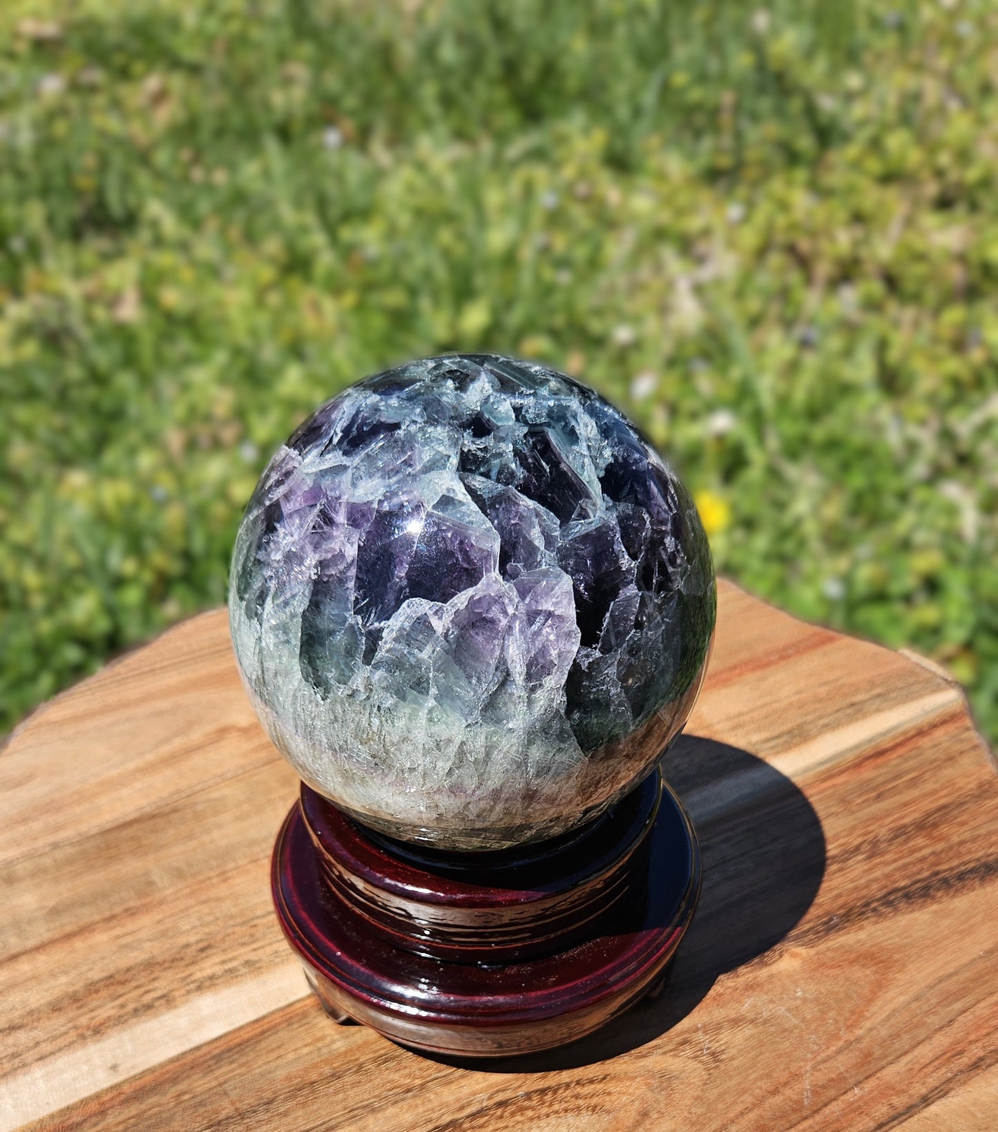 Teal & Purple Feather Flourite Sphere 101mm With Rainbows and free sphere stand